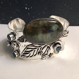 Labradorite Blue Topaz Stamped 925 Sterling Silver Cuff Bracelet